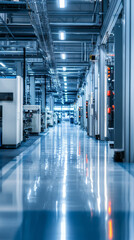 Poster - A modern industrial manufacturing facility featuring advanced robotics and automated systems. spacious interior showcases clean, well lit environment with reflective flooring, emphasizing efficiency a