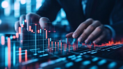 Poster - A professional analyzing stock market trends on a digital interface while seated in a modern office environment during the day