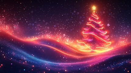Poster - Contemporary christmas background a glowing abstract tree made of colorful neon lines set against a dark gradient background with soft snowflakes and festive holiday elements