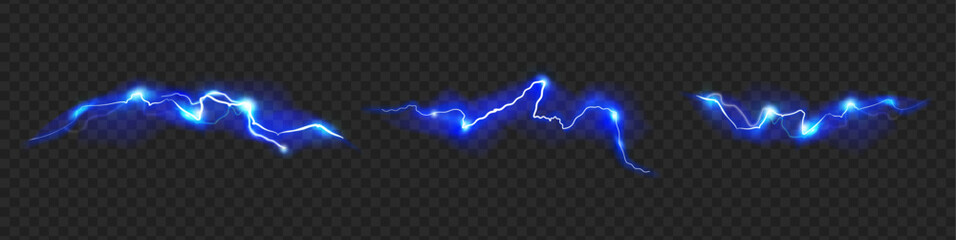 Poster - Powerful electrical discharge, isolated set of lines with sparkles and high voltage. Vector realistic magical energy flash, night storm bolts with powerful force. Game or weather design