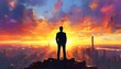© ke - Business executive silhouette overlooking vibrant cityscape at dramatic sunset