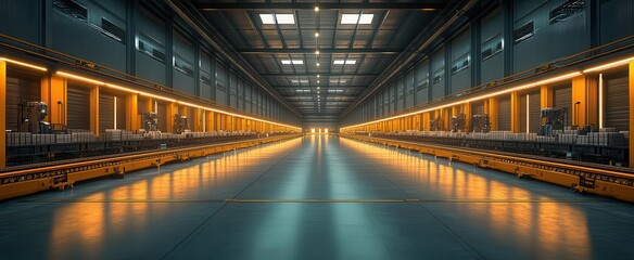 hightech automated warehouse interior sleek robots and conveyor systems efficiently sorting packages cool metallic tones and led lights create a futuristic atmosphere of logistical precision