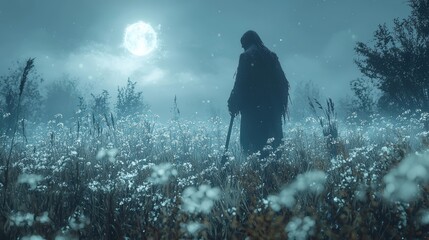 Wall Mural - Mysterious Figure in Foggy Meadow Under Full Moon