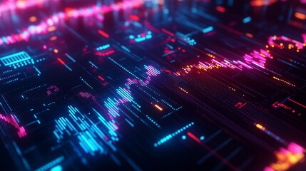 Poster - Vibrant digital landscape with neon circuits glowing in blue and pink tones representing advanced technology and innovation