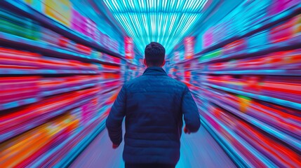 A person explores an aisle in a brightly colored supermarket, surrounded by vibrant product displays and illuminated shelves.