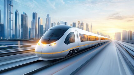 Wall Mural - High-Speed Train in Urban Landscape at Sunrise