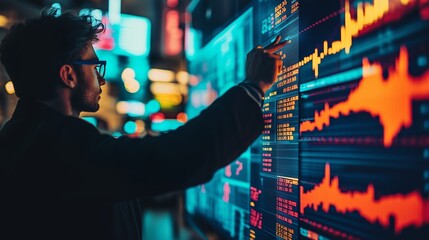Poster - man analyzing financial data on a large digital display in a vibrant city at night