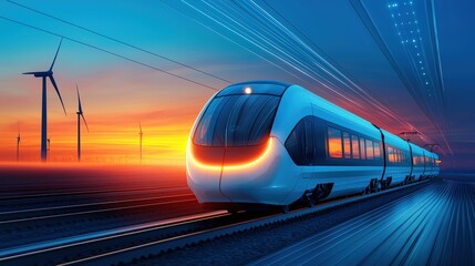 Wall Mural - Modern Train in Motion with Sunset Background