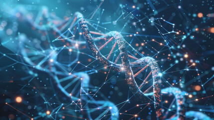 Aufkleber - close up view of DNA double helix structure, showcasing intricate connections and glowing particles, symbolizing genetic research and biotechnology advancements