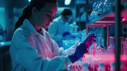 Poster - scientist in laboratory carefully conducts experiments with test tubes, surrounded by vibrant lighting that enhances atmosphere of research and discovery
