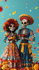 Colorful clay skeletons celebrate Dia de los Muertos, adorned with floral details against a vibrant blue background, capturing a festive and cultural spirit.