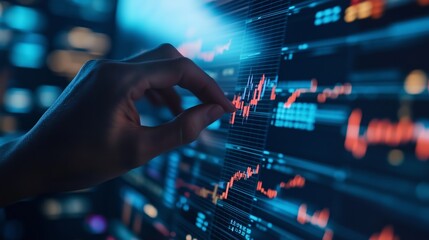 Poster - A person analyzing stock market trends on a digital screen in a modern office during the daytime