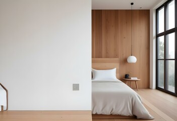 Wall Mural - A minimalist bedroom with a white wall, wooden paneled wall, and a simple bed with white bedding