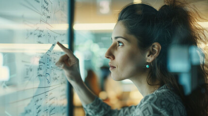 Poster - Innovative woman analyzing data on glass board, showcasing her focus and determination in modern workspace. Her engagement reflects collaborative environment
