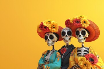 Colorful skeletons adorned with floral hats celebrate life and culture against a vibrant yellow backdrop, embodying tradition and festivity.