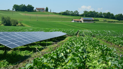 Sustainable farming with solar panels in lush green landscape showcases harmony between agriculture and renewable energy. vibrant fields and clear sky create serene atmosphere