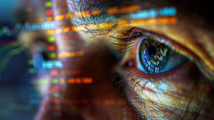 Poster - close up of human eye reflects digital data and vibrant colors, symbolizing intersection of technology and human perception. This image captures essence of data analysis and innovation