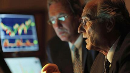 Aufkleber - In dimly lit office, two men analyze financial data on screen, showcasing their intense focus and collaboration. atmosphere reflects serious business environment