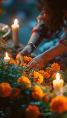 Day of the Dead Celebration: Arranging Marigold Flowers and Lit Candles on Family Altar