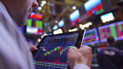 Aufkleber - image depicts person analyzing stock market data on tablet, surrounded by vibrant financial charts and graphs. atmosphere conveys sense of focus and urgency in trading environment