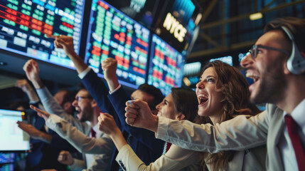 Aufkleber - image captures lively scene of traders celebrating on stock exchange floor, showcasing excitement and teamwork. Their expressions reflect thrill of success in financial market
