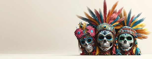 Colorful decorative skulls adorned with feathers and flowers, symbolizing the Day of the Dead celebration.