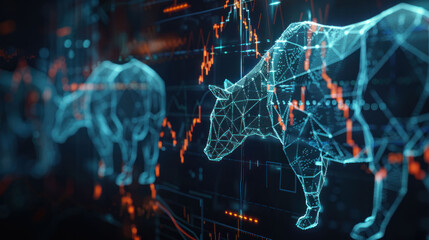 Aufkleber - Digital representation of bull and bear market, showcasing financial trends and data analysis. glowing geometric shapes symbolize market fluctuations and trading dynamics