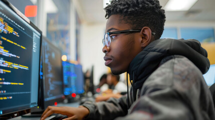 Aufkleber - Young man coding on computer, focused on programming with multiple screens displaying code. environment is tech workspace, showcasing modern learning atmosphere