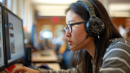 Poster - Focused young woman wearing headphones, engaged in online activities at computer. environment is bright and modern, reflecting tech savvy atmosphere