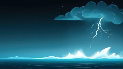 Wall Mural - Thunderstorm Over Calm Ocean Waves at Night