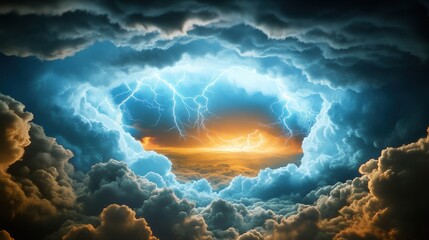 Wall Mural - Dramatic Sky with Lightning and Colorful Sunset