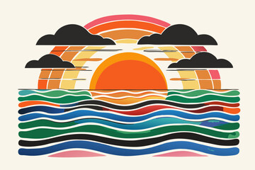 Poster - Vibrant Retro Sunset Over Stylized Wavy Ocean Illustration