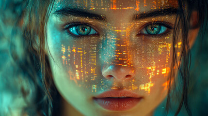 Poster - A futuristic portrait of a woman with glowing digital patterns reflected across her face