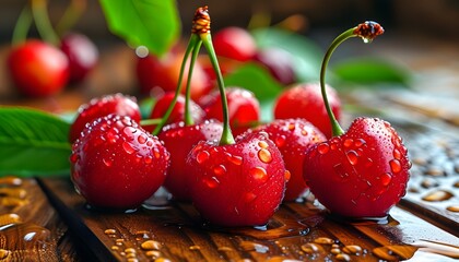 Wall Mural - Juicy Red Cherries with Water Droplets on Rustic Wooden Table, Embracing Natural Summer Freshness for Healthy Eating