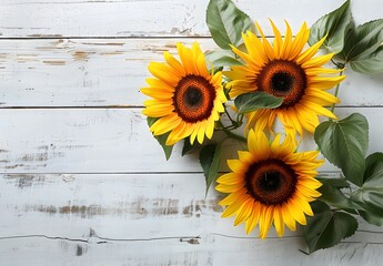 Three Sunflowers Flat Lay on White Wood