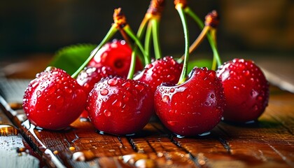 Wall Mural - Juicy Red Cherries with Water Droplets on Rustic Wooden Table, Embracing Natural Summer Freshness for Healthy Eating