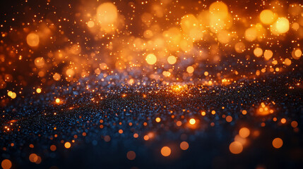 Poster - Sparkling golden light particles floating in a dark, dreamy atmosphere, evoking a magical, festive mood