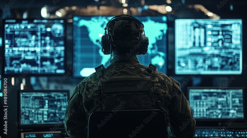 Us Command Screen A soldier monitors digital screens in a command center with global maps ...