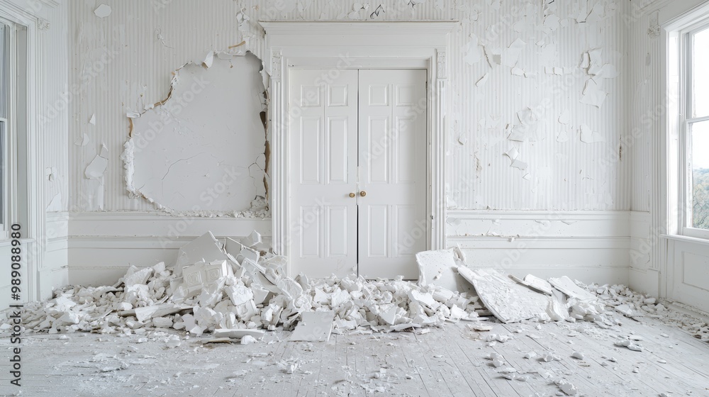 Neglectted Room Room Revival, Illustrate the contrast between a damaged room filled ...