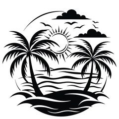 Wall Mural - Beaches, palm trees, Sunsets, and surfing vector silhouette for t-shirt design