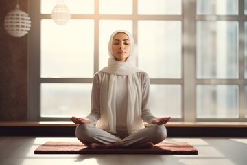 Wall Mural - Muslim woman meditating sitting sports.