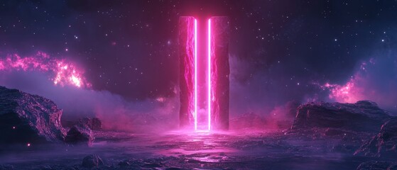 Poster - A surreal landscape featuring a glowing portal amidst a cosmic backdrop.