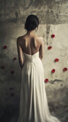 Wall Mural - A woman in a white dress standing in front of a wall