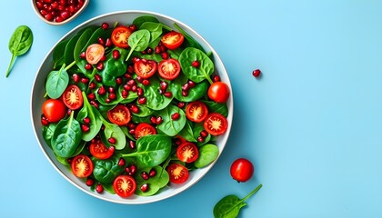 Vibrant Fresh Summer Salad with Cherry Tomatoes, Spinach, and Pomegranate against a Light Blue Background