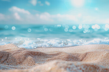 Abstract beach background. blur bokeh light of calm sea and sky. Focus on the sand foreground.