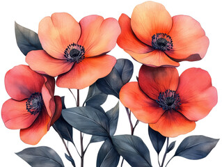 Wall Mural - vibrant orange flowers with delicate petals and green leaves. transparent background