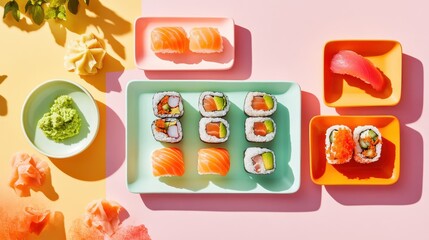 Wall Mural - A vibrant arrangement of sushi on colorful plates, showcasing various types and condiments.