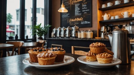 Wall Mural - Coffee shop with pastries and mugs on counter background