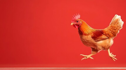 A lively chicken running across a vibrant red background, showcasing its colorful plumage and energetic movement.