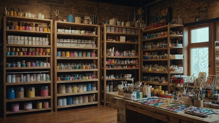 Wall Mural - Craft shop with painting materials on shelves background